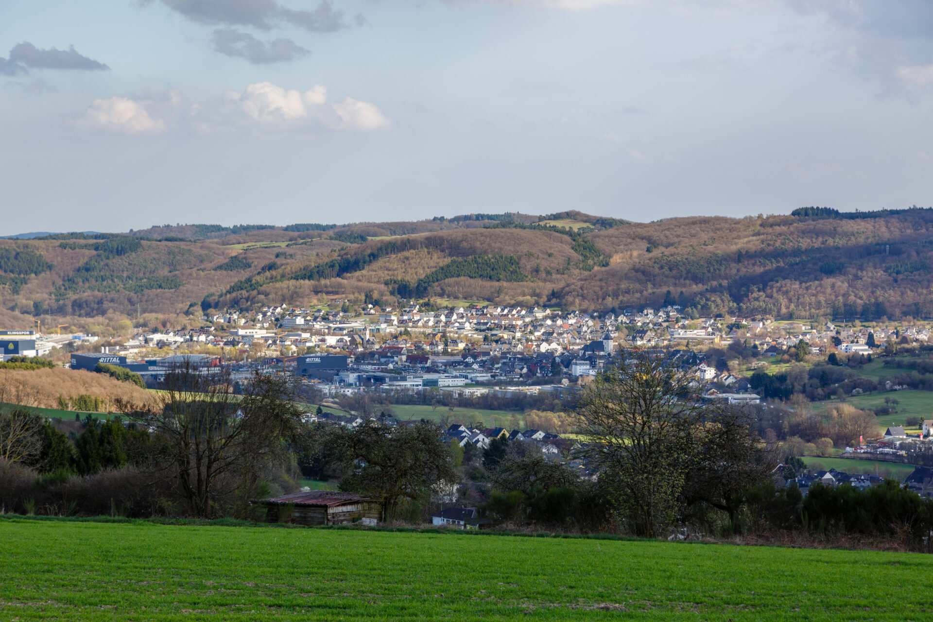 Panoramablick auf Haiger vor bewaldeten Hügeln