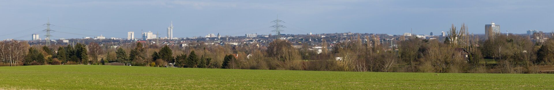 essen Weites Stadtpanorama von Essen, fotografiert von einer Anhöhe bei Tageslicht, mit markanten Hochhäusern und Kirchtürmen der Skyline hinter einer grünen Landschaft mit Bäumen
