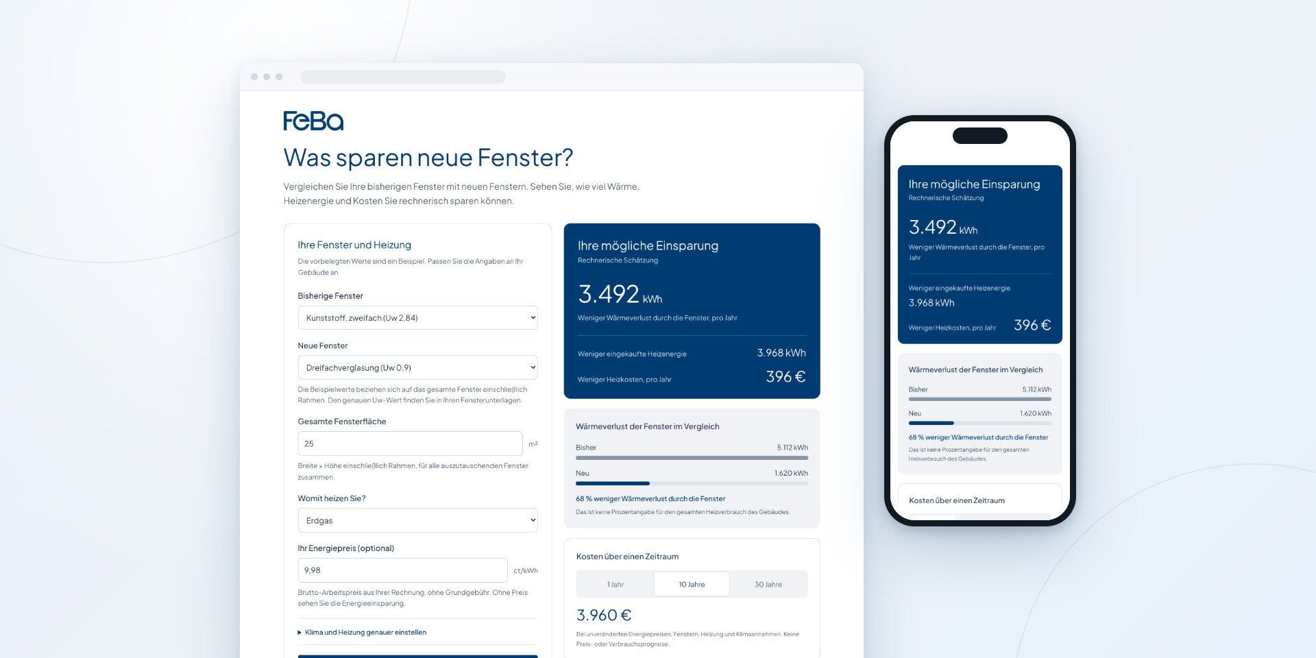 Energiesparrechner von FeBa im Browser und auf dem Smartphone mit Beispielergebnis