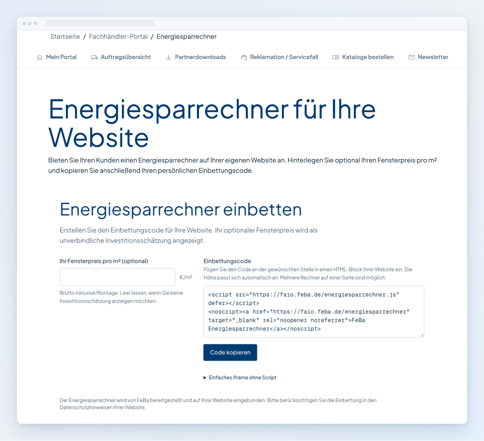 Energiesparrechner im Kunden-Login Seite Energiesparrechner für Ihre Website im FeBa-Kunden-Login mit Fensterpreis, Einbettungscode und Schaltfläche Code kopieren